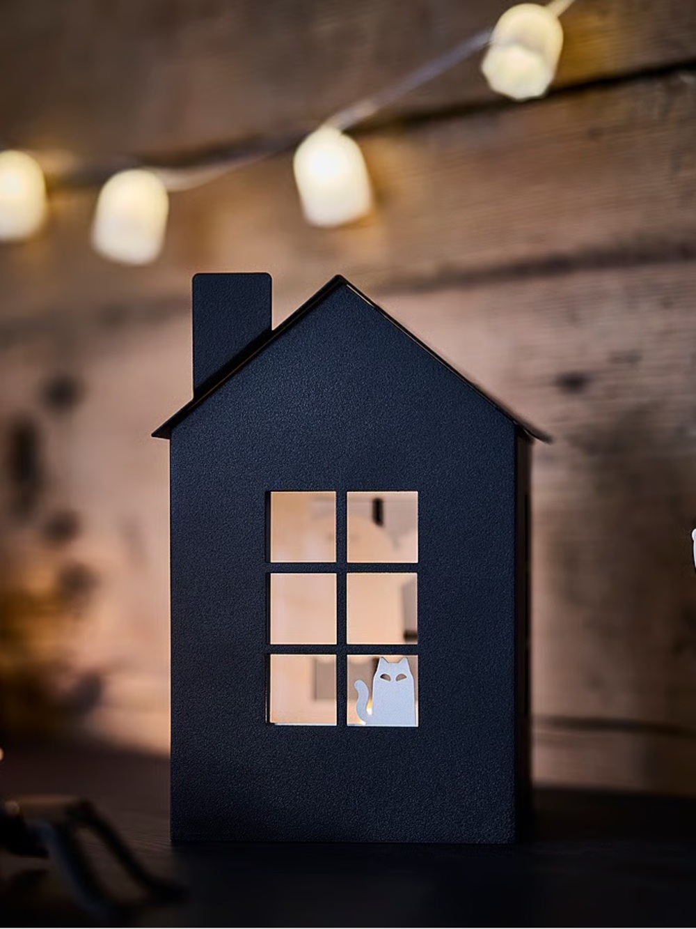 Black Decorative House Tealight Lantern with Cat & Ghost Accent